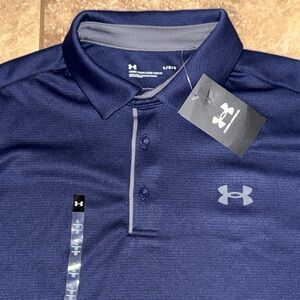 Mens UNDER ARMOUR Golf Tech Polo Short Sleeve Navy Blue Polo Shirt ~ Large